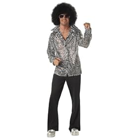 Couples Costumes Mens 60s 70s Silver Sparkle Disco Costume Shirt 1960s 1970s Party Outfit + Afro Wig
