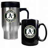 MLB Oakland Athletics Stainless Steel Travel Mug & Black Ceramic Mug Set - Primary Logo