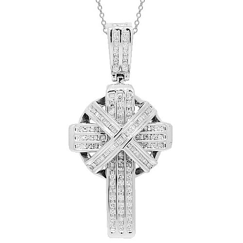 14K White Gold Mens Diamond Cross Pendant 2.00 Ctw