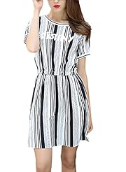 Linen Short Sleeves Elasticized   Waistline Slit Striped Print  Dress