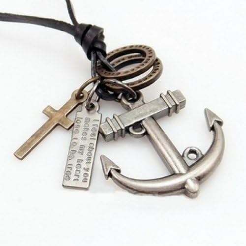 Unisex Vintage Ring Cross Anchor Necklace Genuine Leather Choker Charms