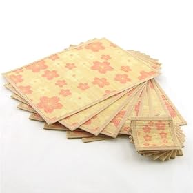 8 Bamboo Placemats + 8 Coasters Tan Border, Peach Flower Pattern by ThinkBamboo - Placemats