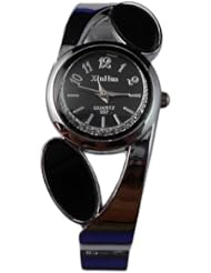 BestOfferBuy Women Stylish Leaf Rhinestone Metal Bangle Bracelet Wrist Watch Black