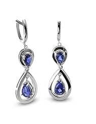 CleverEve Luxury Series One Pair Double Pear-Shaped Silver Earrings w/ 9mm & 7mm Genuine Pear Cut Iolite Stones