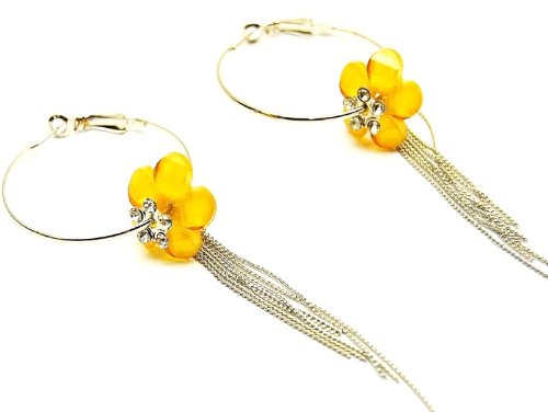 Crystal Stud Silver Tone Yellow Flower & Tassle Hoop Earrings, 4