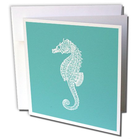 3dRose Teal blue seahorse print Sea Horse Ocean marine beach aquarium aquatic - Greeting Cards, 6 x 6 inches, set of 12 (gc_164965_2)