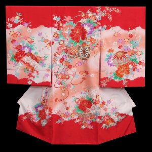 お宮参り着物　正絹女児初着　赤　花車　桜　芍薬　牡丹