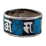 WhiteMetalTurquoiseInlaidOmManiPadmeHumTibetanRing,Size