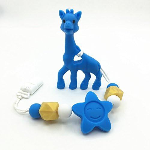 Silicone Beads, Silicone Teething Giraffe Teether Clip, Baby Teether Pacifier Giraffe Clip, Silicone Teething Pacifier Necklace Hanging Toy (Blue)
