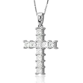 18k White Gold Princess Cut Diamond Cross Pendant Necklace ( H-I, I1, 1.00 carat ) by 