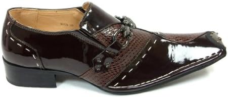 Mens Brown Designer Patent Leather Sword Buckle Design Faux Snake Skin Texture