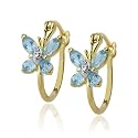 18k Gold Overlay Sterling Silver Blue Topaz Butterfly Hoop Earrings w/ Diamond Accent