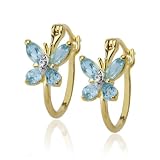 18k Gold Overlay Sterling Silver Blue Topaz Butterfly Hoop Earrings w/ Diamond Accent