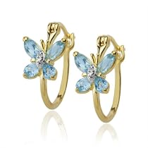 18k Gold Overlay Sterling Silver Blue Topaz Butterfly Hoop Earrings w/ Diamond Accent