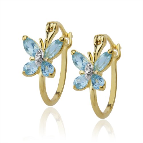 18k Gold Overlay Sterling Silver Blue Topaz Butterfly Hoop Earrings w/ Diamond Accent