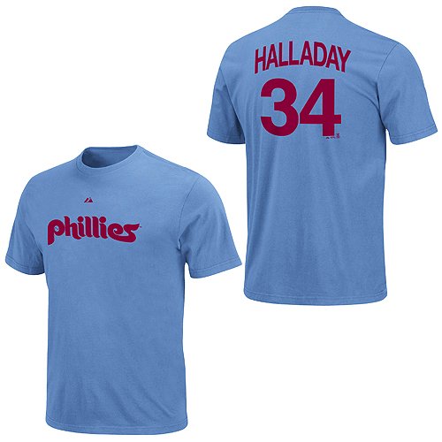 Majestic Philadelphia Phillies #34 Roy Halladay Light Blue Cooperstown Retro Player T-shirt Large