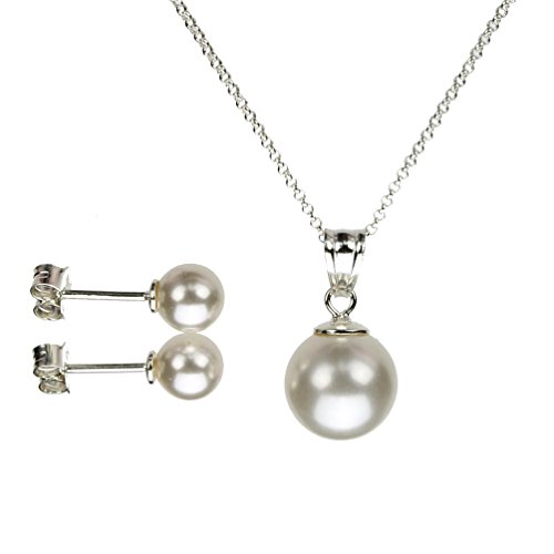 Swarovski Elements Simulated Pearl Pendant Earrings Sterling Silver Cable Chain Necklace 20″