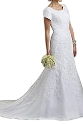 Modest Lace Jeweled Natural   Waistline Short Sleeves Wedding Dress 