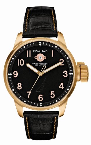 Nautica A15593G Gents Polished Rose Gold Case and Black Watch With Croco Leather Strap