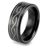Black Plated Polished Tungsten Carbide Ring with Laser Design (8.0mm) - Sizes 8 - 13