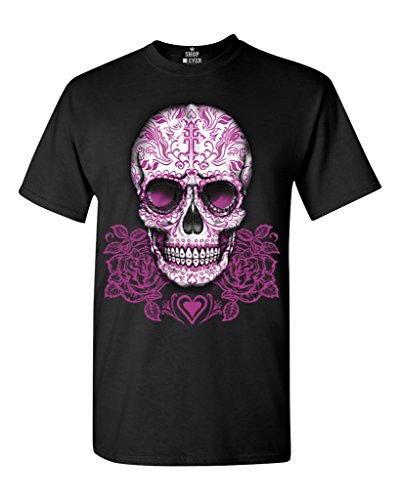 Shop4Ever® Pink Roses Sugar Skull T-shirt Day of the Dead Shirts