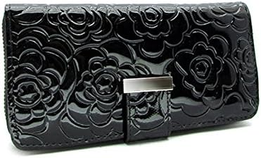 Snap Button & Zipper Flower Embossed Genuine Leather Wallet (Black)