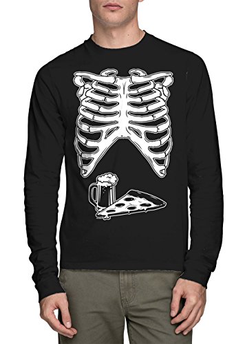Long Sleeve Mens Skeleton With Pizza And Beer - Halloween T-shirt