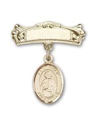 14K Gold Baby Badge with St. Philip the Apostle Charm and Arched Polished Badge Pin