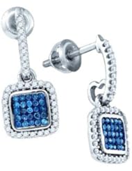 10k White Gold Blue Colored Diamond Square Cluster Screwback Dangle Womens Ladies Unique Fashion Earrings - .33 (1/3) Ct.t.w.
