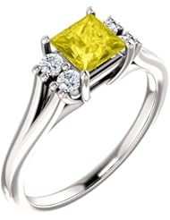 18K White Gold 5.00x5.00mm Princess Cut Yellow Sapphire and Diamond Ring -- LIFETIME WARRANTY