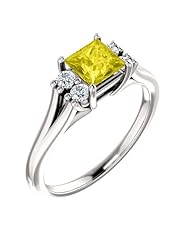 14K White Gold 5.00x5.00mm Princess Cut Yellow Sapphire and Diamond Ring -- LIFETIME WARRANTY