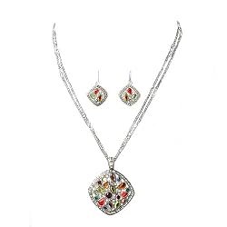 Multi Stranded Colorful Marcasite Necklace Earrings Set Fashion Jewelry