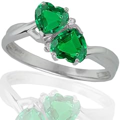 10k White Gold Created Emerald and Diamond Heart Ring (.02 cttw, I-J Color, I1 Clarity), Size 7