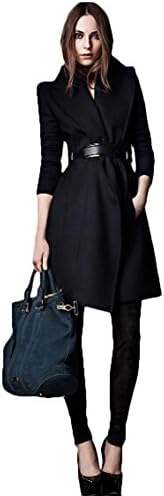 Women's Tailored Collar Long Woolen Coat Winter Thick Slim Outwear (M)
