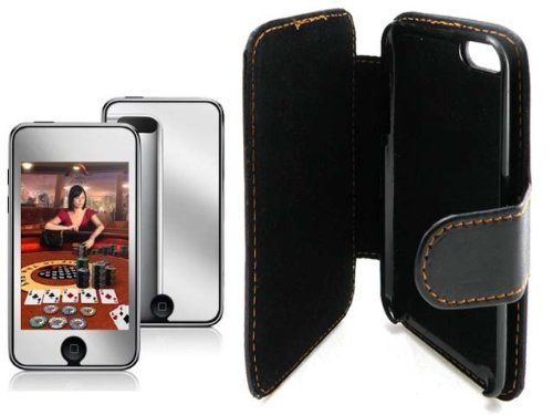 New Premium Black Leather Flip Case With Free Mirror Screen Protector for Apple Ipod Touch Itouch 2nd Gen 3rd Gen Generation