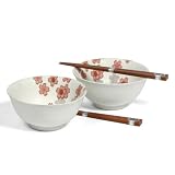 Japanese Stoneware Bowls with Chopsticks Gift Set, White Sakura Cherry Blossoms