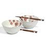 Japanese Stoneware Bowls with Chopsticks Gift Set, White Sakura Cherry Blossoms