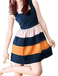 Polyester/Spandex Colorblocking Short Square Neck Striped Print Sleeveless Tank Summer Skater Dress 