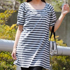 a・i・n（アイン） 吸汗速乾＆UVケア加工ボーダー授乳ワンピース（チャコール/Mサイズ/母乳育児用授乳服）