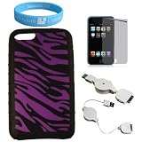 Ipod Touch 2nd and 3rd generation 64GB 32G 16GB Silicone Purple Zebra Skin + Mirror Screen Protector + itouch Retractable Data Cable + Wristband