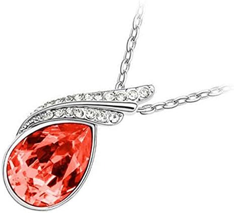 18K White Gold Plated, Ruby Red Teardrop Swarovski Crystal Bordered with Clear Pave Set Elements, Fashion Pendant Necklace, 26mm X 14mm