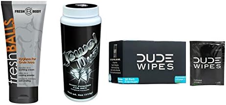 Jewel Dust Body Powder (4 oz) with Fresh Balls Lotion (5 oz) &amp; Dude Wipes (30-count) Bundle for Men