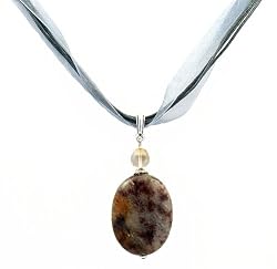 Necklace - N46 - Genuine Semi Precious Gemstone on Five-Strand Organza and Cotton Cord + 2" Extension Chain - Oval Shape ~ Phantom Quartz