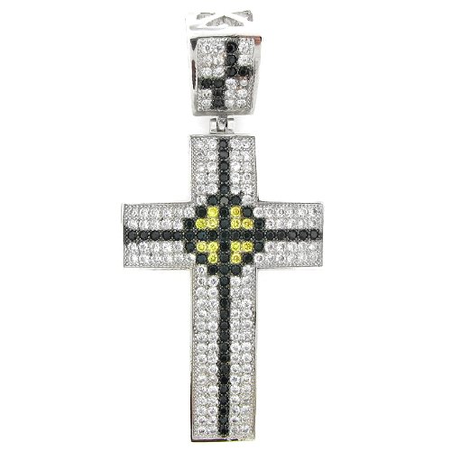 Men's Iced Out Hip Hop White Gold Plated Cubic Zircoina (CZ) Micro Pave Black CZ Patterned Latin Cross Religious Charm Pendant