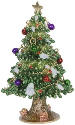 Deck the Halls Christmas Tree. Handcrafted Bejeweled Trinket Box with Matching Necklace.Hand Enameled with Swarovski Crystals and Jingle Bells.