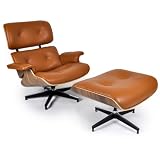 Eames Style Lounge Chair & Ottoman, Caramel Full Grain Aniline Leather/Walnut Wood