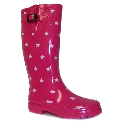Ladies Star Print Wellington Boots/Wellies - Fuchsia/White - UK 3-8