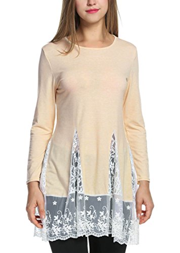 Zeagoo Women's Trendy Long Sleeve Scoop Collar Floral Lace Splicing Blouse Tops
