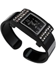 BestOfferBuy Women Rectangle Dial Rhinestone Bangle Cuff Bracelet Wrist Watch Black