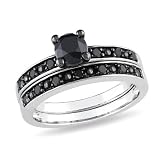 10K White Gold, Black Rhodium Plated, Black Diamond Wedding Ring Set, (1 cttw)